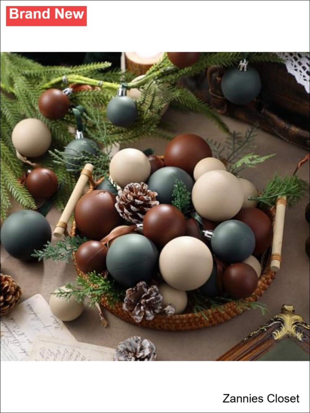 🎄 48 Pc Christmas Ball Ornaments Neutral Rustic Plastic Hanging Tree Decor